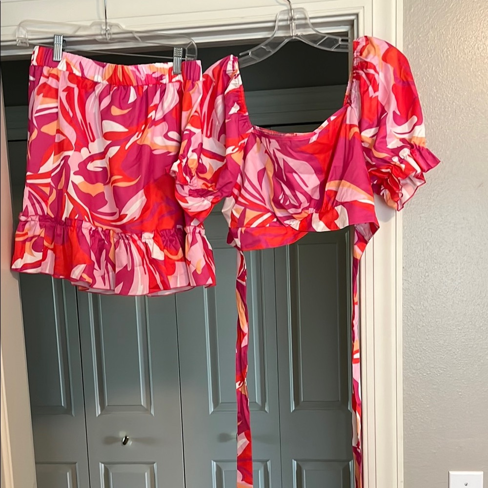 Vibrant Pink and Red Floral Two-Piece Set